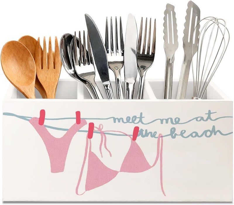 KBRCT Pink Coastal Coquette Beach Cowgirl Wooden Utensils Holder, Girly Meet Me at the Beach Wood Cooking Utensil Holder Organizer for Kitchen Countertop Counter Decor Accessories - Image 1